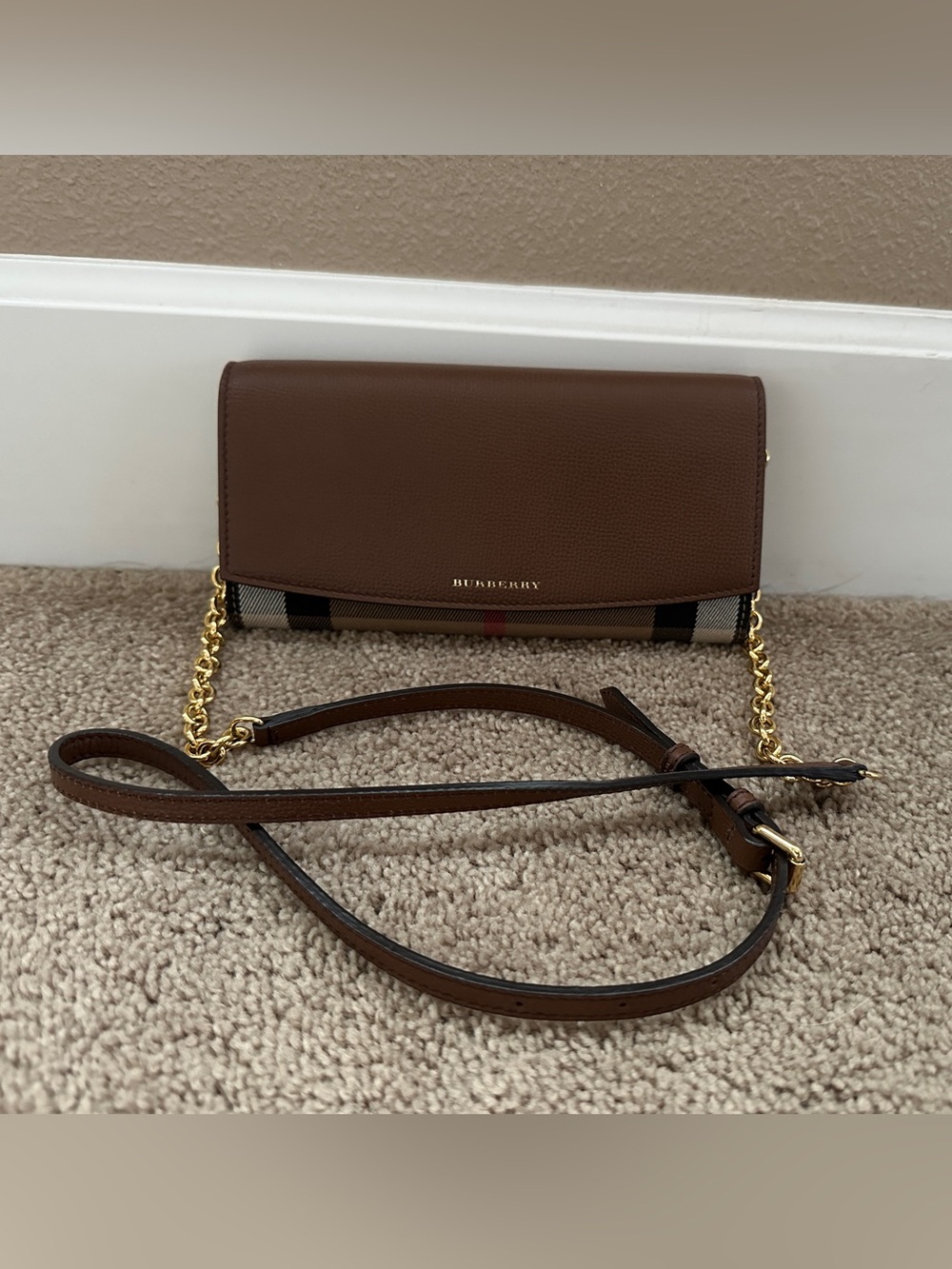 Burberry Brown Leather Crossbody with Signature Check and Gold Chain